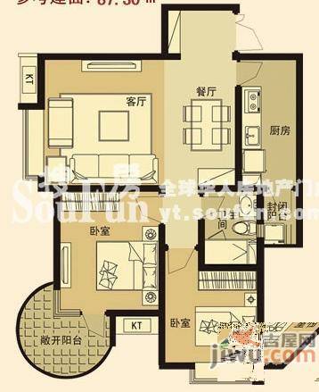 天马相城三期2室2厅1卫87.3㎡户型图