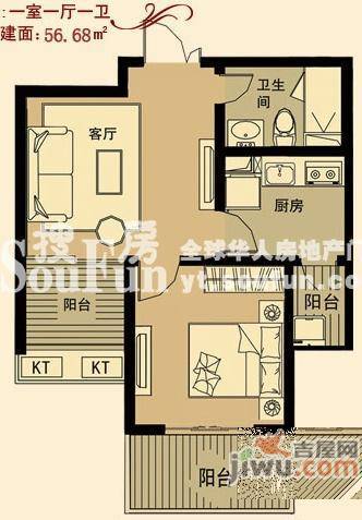 天马相城三期1室1厅1卫56.7㎡户型图