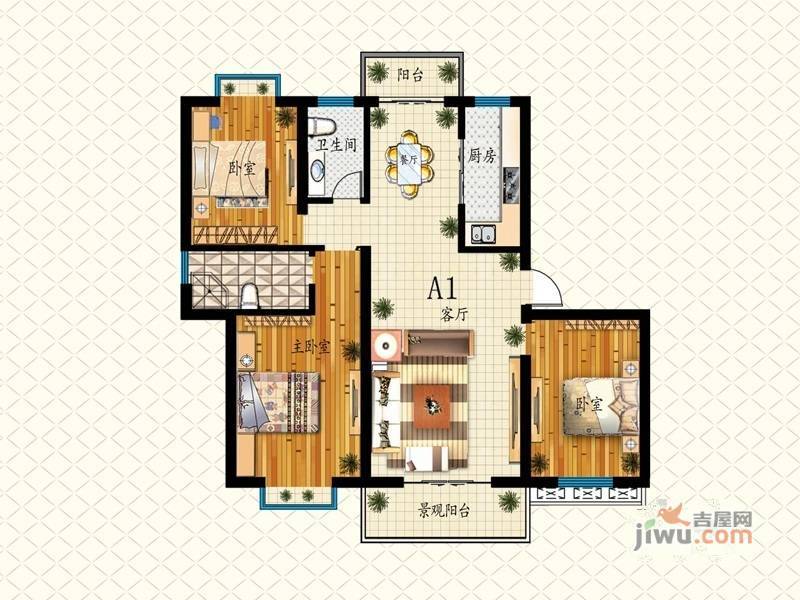 泰莱桃村国际城3室2厅1卫90.8㎡户型图