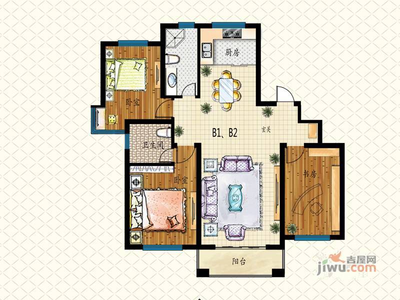 泰莱桃村国际城3室2厅1卫90.8㎡户型图