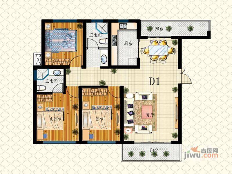 泰莱桃村国际城3室2厅1卫90.8㎡户型图