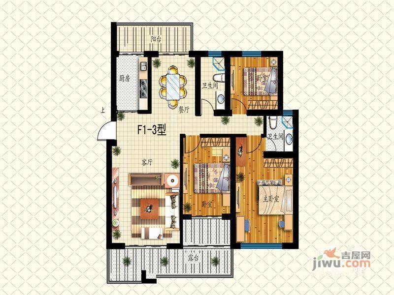 泰莱桃村国际城3室2厅1卫90.8㎡户型图