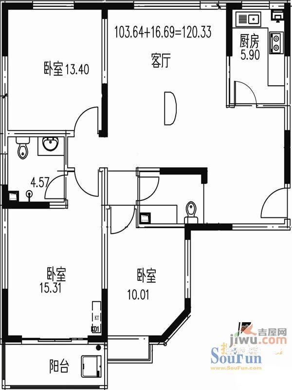 山大新苑3室2厅2卫120.3㎡户型图