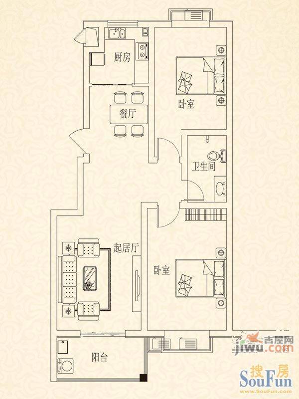 腾骐冠宸2室2厅1卫87㎡户型图