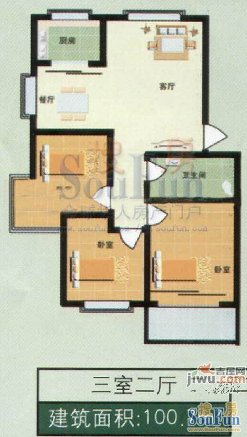 宏福佳园3室2厅2卫136.4㎡户型图