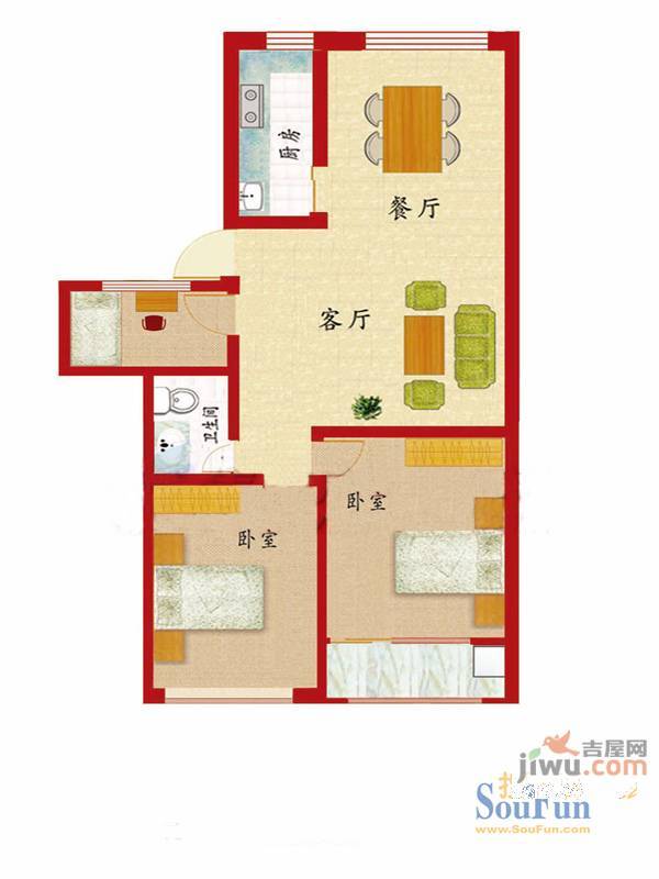 天成枫景公寓2室2厅1卫96㎡户型图