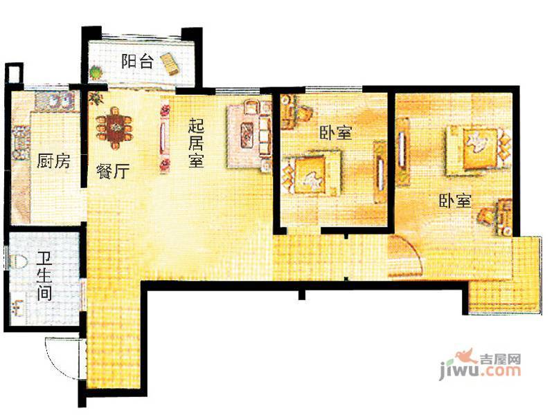 王府庄园二期2室2厅1卫87.8㎡户型图