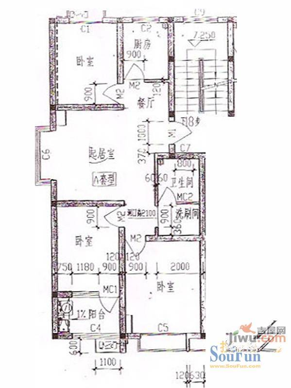 明泉馨居3室2厅1卫129㎡户型图