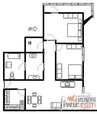 鲁能经纬大厦2室2厅1卫106㎡户型图