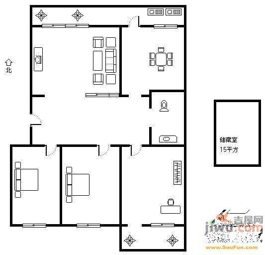 复兴大街单位宿舍1室1厅1卫43㎡户型图