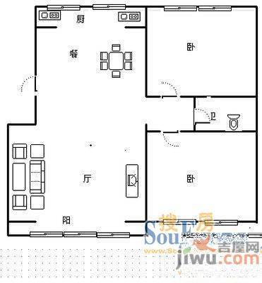 玉函路西藏中学宿舍2室1厅1卫65㎡户型图