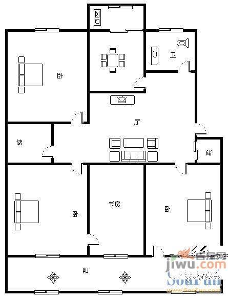 马鞍山路单位宿舍2室2厅1卫100㎡户型图