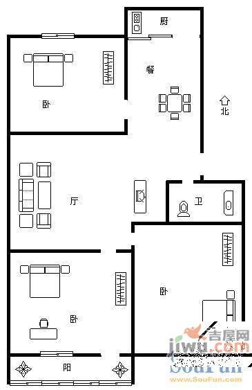 八里桥小区2室2厅1卫104㎡户型图