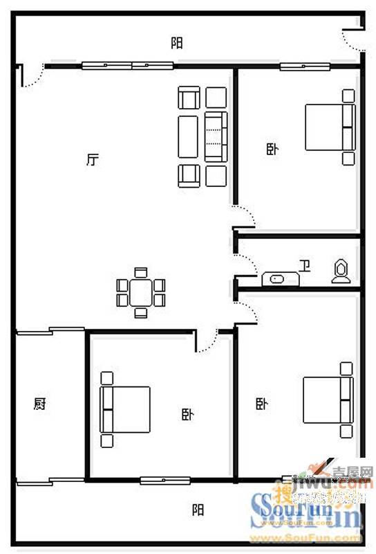 良固大厦3室2厅1卫125㎡户型图