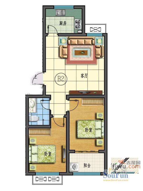 普利林景山庄2室1厅1卫74.7㎡户型图