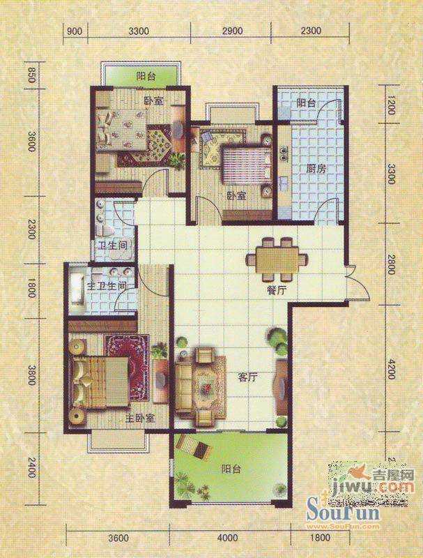 洛卡小城3室2厅2卫96.2㎡户型图