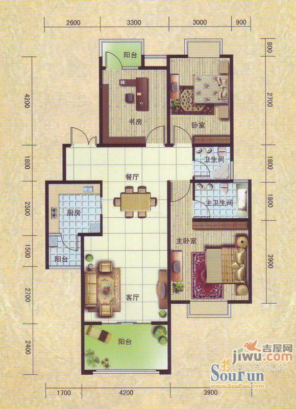 洛卡小城3室2厅2卫96.2㎡户型图