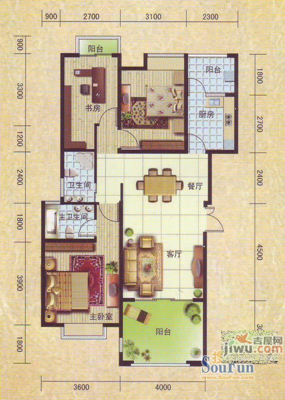 洛卡小城3室2厅2卫96.2㎡户型图