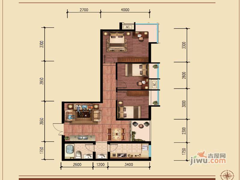 特兴青云都汇3室2厅1卫87.7㎡户型图