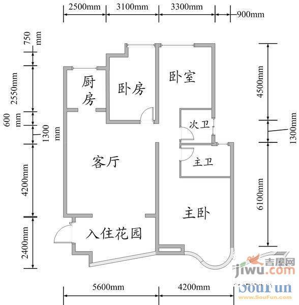 世纪城龙禧苑2室1厅1卫105㎡户型图