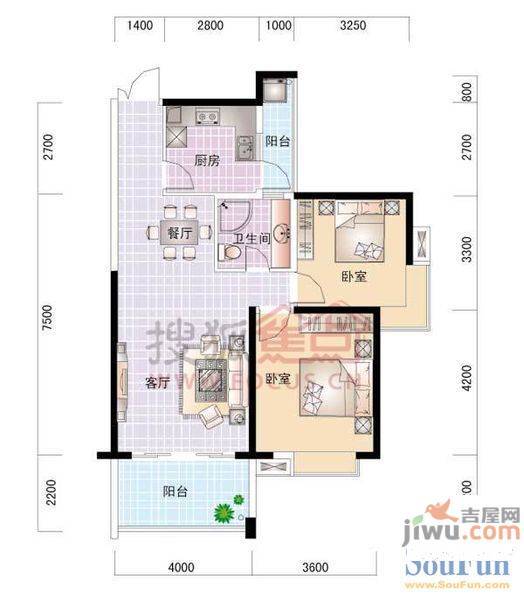 世纪城龙禧苑2室1厅1卫105㎡户型图