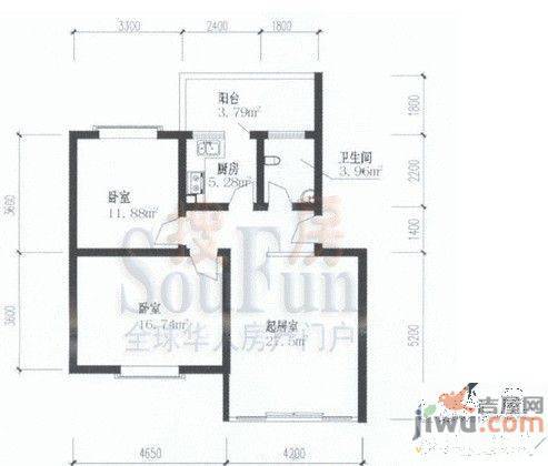 花香南城2室2厅1卫80㎡户型图