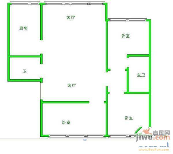 陕西路红边门单位房3室1厅1卫95㎡户型图