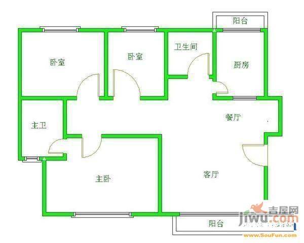 听涛园3室2厅1卫114㎡户型图