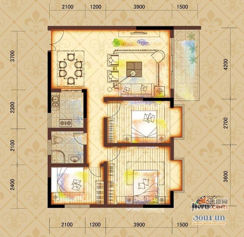 鸿基文昌苑3室2厅1卫99㎡户型图