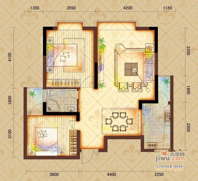 鸿基文昌苑2室2厅1卫92.1㎡户型图