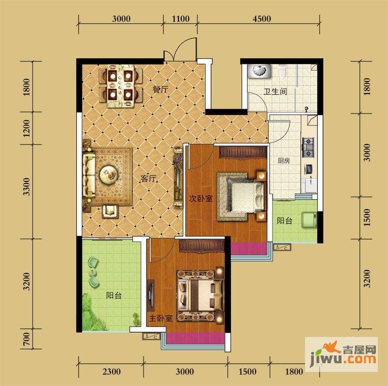 北城公馆2室2厅1卫84.4㎡户型图