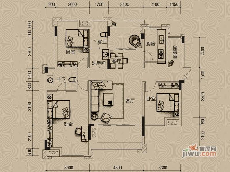 优品城邦3室2厅2卫123.4㎡户型图