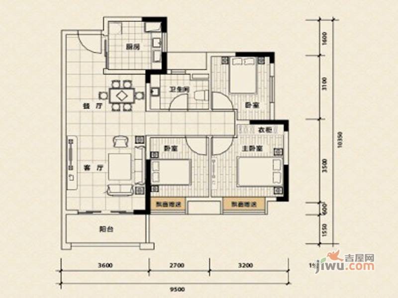 永实御湖尚城3室2厅1卫88.3㎡户型图