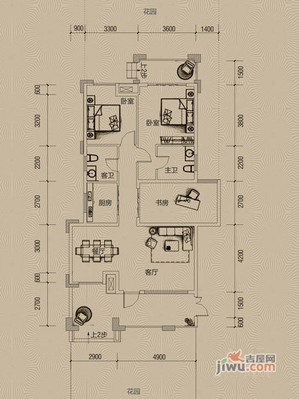 优品城邦2室2厅2卫114.1㎡户型图