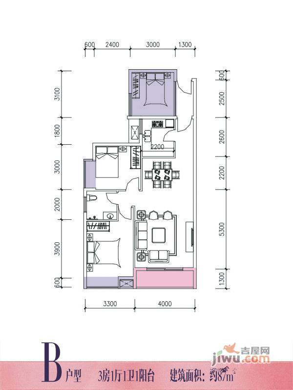 贝地领航3室1厅1卫87㎡户型图