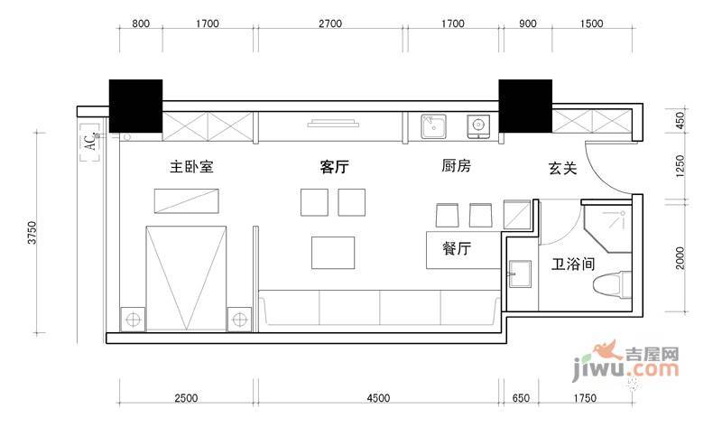 百灵时尚天地1室2厅1卫108.3㎡户型图