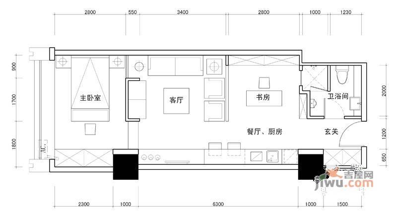 百灵时尚天地1室2厅1卫108.3㎡户型图