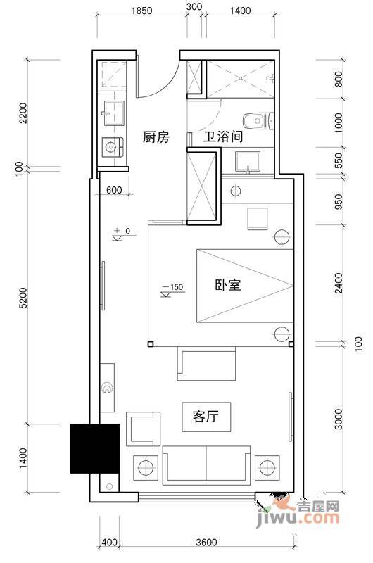 百灵时尚天地1室2厅1卫108.3㎡户型图