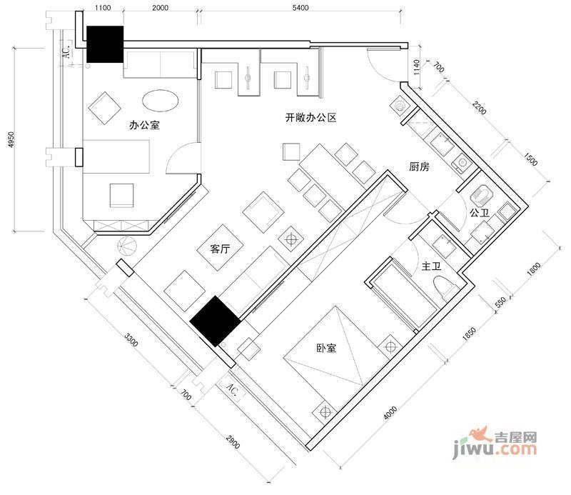 百灵时尚天地1室2厅1卫108.3㎡户型图