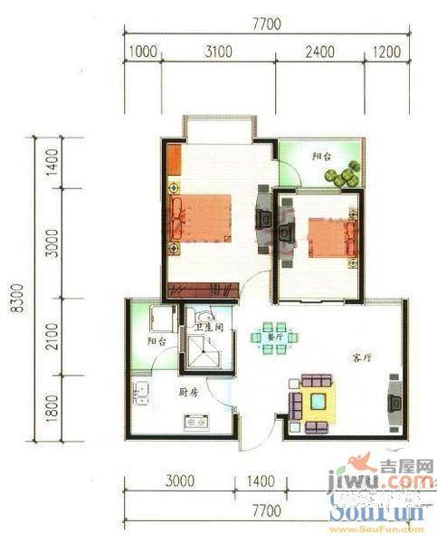 汇和紫光园2室2厅1卫61.5㎡户型图