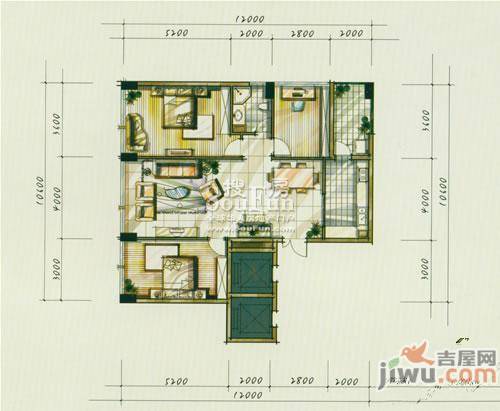 城市理想2室1厅1卫96.8㎡户型图