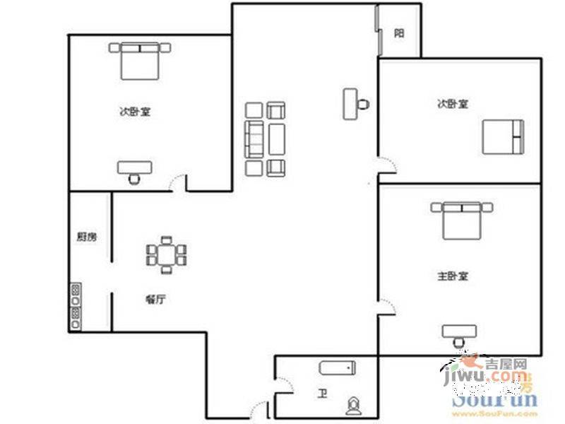 红云小区3室2厅1卫76㎡户型图