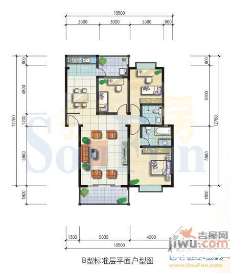 南城坊3室2厅2卫128.4㎡户型图