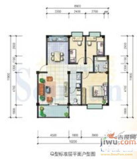 南城坊3室2厅2卫107.8㎡户型图