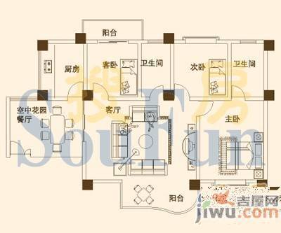 碧水蓝天3室2厅2卫132.8㎡户型图