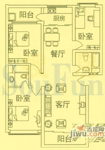 米兰阳光3室2厅2卫102㎡户型图