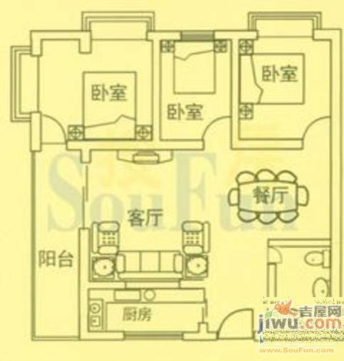 米兰阳光3室2厅1卫86.2㎡户型图