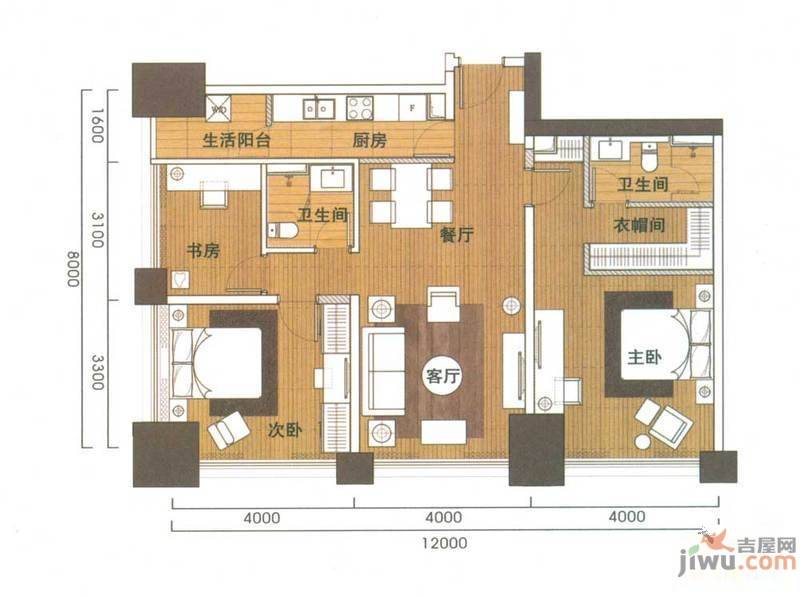 空间俊园3室2厅2卫127㎡户型图