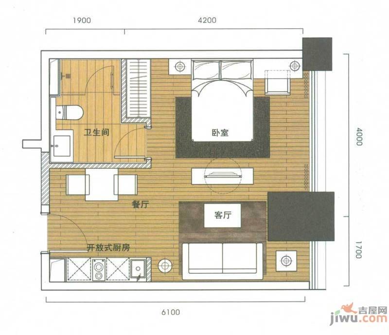 空间俊园1室2厅1卫47㎡户型图