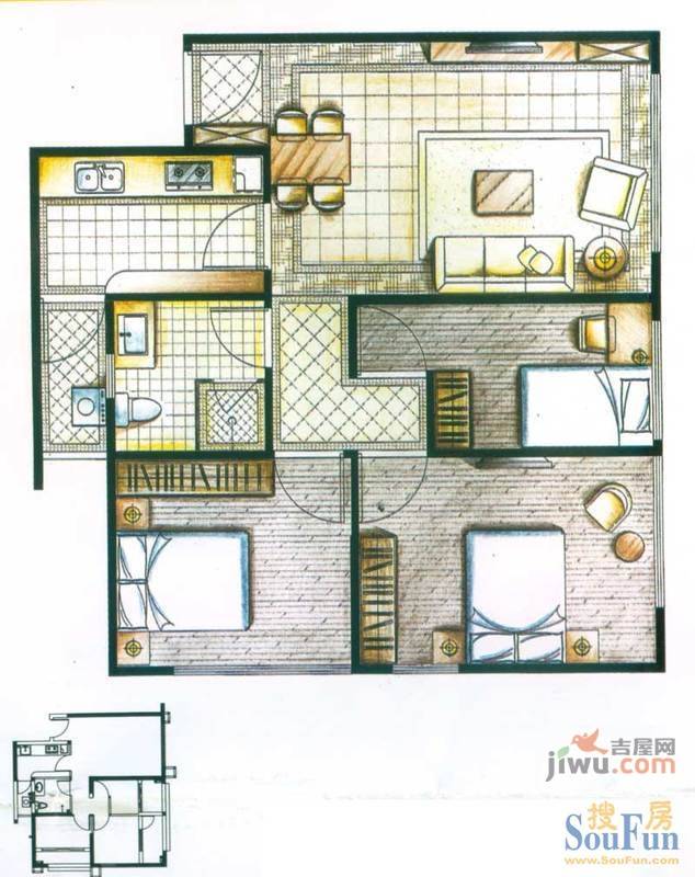 南亚未来城3室2厅1卫75㎡户型图